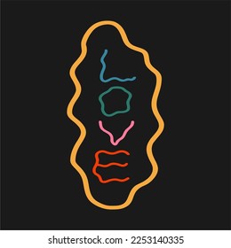 Retro graphic, boho style hippie design illustration. Love. Psychedelic, floating font. Poster or sticker, funny vintage typographic font vector.