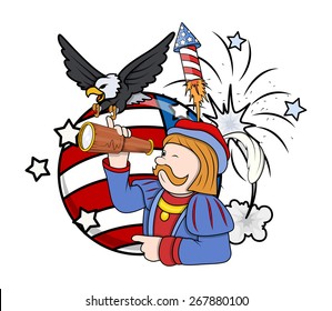 Retro Graphic Cartoon Man With Eagle And Telescope Fireworks Vector