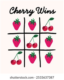 Retro Graphic Cherries and Strawberries on XOXO game with slogan typography, vector illustration, for t-shirt graphic.