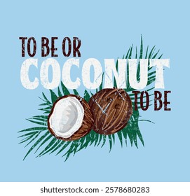 Retro Graphic Coconuts and leaves with slogan typography, “TO BE OR COCONUT TO BE ” with retro style , vector illustration, for t-shirt graphic.