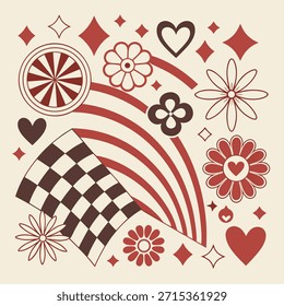 Retro-Grafikdesign mit karierter Flagge, Regenbogenbögen, Herzen und Blumen auf cremefarbenem Hintergrund, Rennfahne