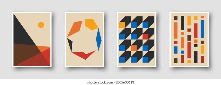 Retro graphic design covers. Cool vintage shape compositions. Trendy colorful bauhaus art templates.