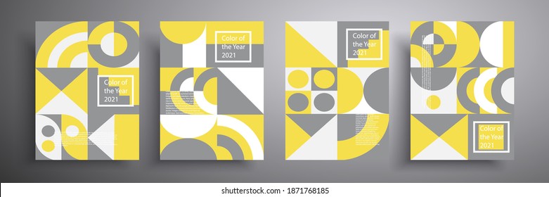 Retro graphic design covers set. The trend colors of 2021 are yellow and gray. Abstract geometric pattern background. Compositions for book covers, posters, flyers, magazines, music albums