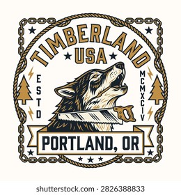 A retro graphic design featuring a wolf head and a saw inside a decorative.