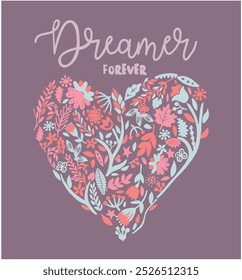 Design Gráfico Retro com ornamentos florais e Slogan DREAMER FOREVER