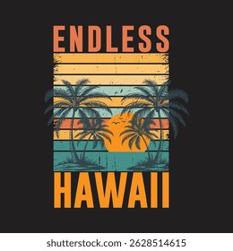 Retro graphic design showcasing Endless Hawaii with palm trees and sunset. Vintage-inspired graphic design featuring palm trees, a sunset, and the words "ENDLESS" and "HAWAII." The style evokes a rela