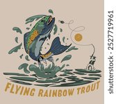 retro graphic design and vitality of a rainbow trout fisher, lake fishing, rainbouw trout fishing