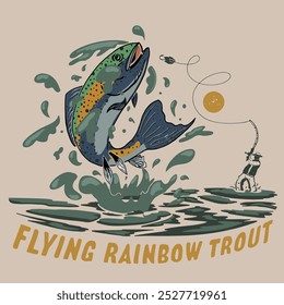 Retro-Grafikdesign und Vitalität eines Regenbogenforellenfischers, Seefischen, Regenbogenforellenfischen