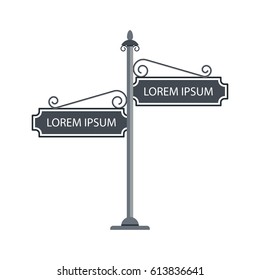 Retro graphic forged vector signboard. Street banner roadsign. Location direction guidepost. Information pointer illustration. Vintage graphic blank board. Address sign