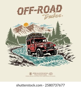 Retro graphic illustration adventure 4x4 car offroad mountain forest river. Vintage apparel clothing design nature outdoor