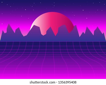 Retro graphic landscape of setting sun and purple mountains with wire mesh grid foreground