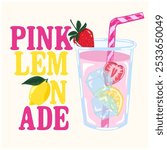 Retro Graphic Poster Design with Strawberry, Lemon,Strawberry Lemonade and Slogan “PINK LEMONADE”