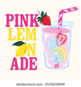 Diseño gráfico retro del cartel con la fresa, el limón, la limonada de fresa y el lema “LIMONADA ROSA”