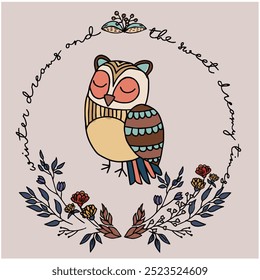 Retro Graphic with Vintage graphic design with owl,leaves and slogan,Autumn theme graphic vector.