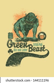 Retro Green Beast design for bar sign board or t-shirt print with green good-humoured monster, vintage fonts and textures. vector illustration. grunge effect in separate layer.