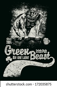 Retro Green Beast design for bar sign board or t-shirt print with good-humoured monster, vintage fonts and textures. vector illustration. grunge effect in separate layer. black and white version. 