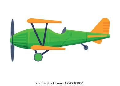 Retro Green Biplane, Flying Aircraft Vehicle, Air Transport Vector Illustration