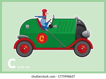 Ilustración vectorial de los niños de coche verde retro