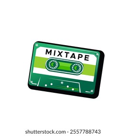 Retro Green Cassette Tape Mixtape. Vintage music cassette. Retro dj sound tape, 80s - 90s rave party stereo mix, old school record technology vector illustration.