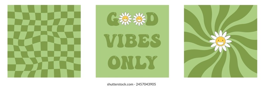 Retro green colorful 70's poster collection. Groovy Good vibes only slogan. Vector illustration.