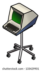 A retro green CRT screen computer terminal on a chrome mobile stand.