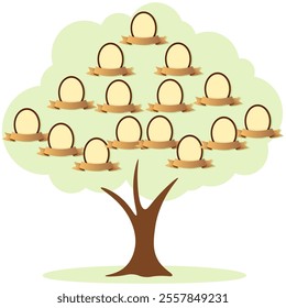 Retro green family tree with photo frames and ribbons for inscriptions