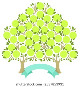 Retro green genealogical tree with photo frames and ribbons for inscriptions consists of two trees that merge into one