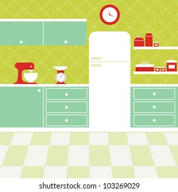 retro green kitchen with white fridge and red kitchen objects