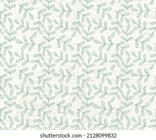 Retro green leaves on branches on linen texture background seamless pattern.Abstract leaf seamless pattern background, 
