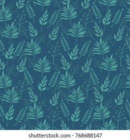 Retro green leaves on branches on dark background seamless pattern