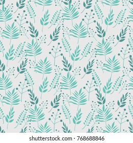 Retro green leaves on branches on a light background seamless pattern