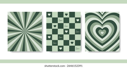 Retro Green Love Background Set. Aesthetic Seamless pattern. Vintage 70s Style Heart Burst, Checkered Grid with Hearts and Layered Groovy Design. Valentine's Day art. For Cards, poster, banner, print.