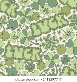 Retro green lucky four leaf shamrock clover St Patrick traditional symbol vector seamless pattern. Groovy Saint Patricks Day background.