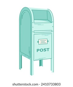 Retro green mailbox, post box for paper, letters and newspapers. Delivery, message concept. Hand drawn vector illustration isolated on white background.