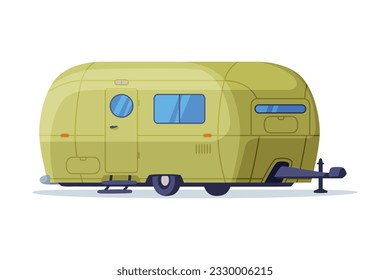 Retro green mobile home on wheels. Side view of camping recreational vehicle vector illustration