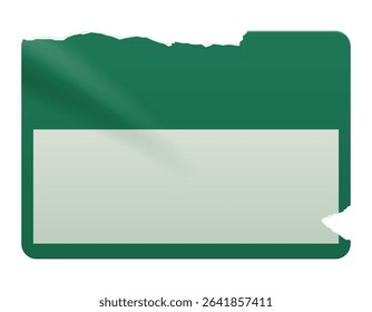 Retro green rectangle price tag sticker. Wrinkled badge with a ripped paper edge. Old distressed blank label with grunge texture for scrapbook designs.