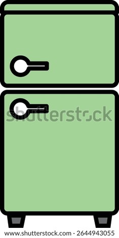 Retro green refrigerator vector icon – vintage-style kitchen appliance illustration with two doors and round handles, isolated on white background, perfect for home and kitchen designs