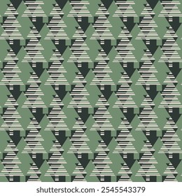 Retro green seamless vector pattern with Christmas tree striped texture. Abstract geometric design for wrapping paper, interior decoration and stationary. 