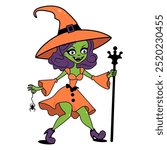 Retro green skinned witch with a big orange hat, purple hair, holding a black staff and dangling a spider. Halloween spooky night groovy character isolated on white background, vector illustration.
