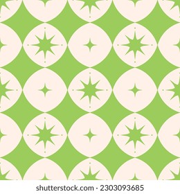 Retro green star seamless vector pattern. Vintage 90s and Y2K inspired design. Nostalgic, cool funky geometric repeat background print.