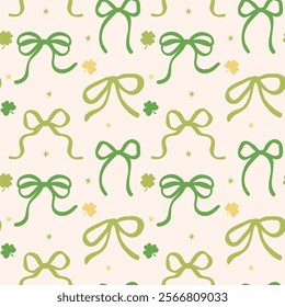 Retro Green Wavy Bows St Patrick Seamless Pattern Hand Drawn isolated on backgroud