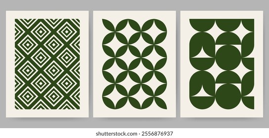 Retro green and white geometric pattern background, vector abstract circle, triangle and square lines art