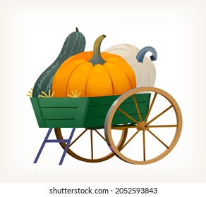 Retro green wooden cart with big wheels with big variety of colourful pumpkins inside is carrying harvest to agricultural fair or market. Isolated vector illustration