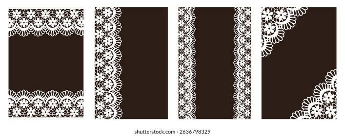 Retro greeting card cover set. Vector illustration Empty poster with Frame of real handmade Lace. Perfect vintage holiday birthday card postcard cover template design. EPS 10