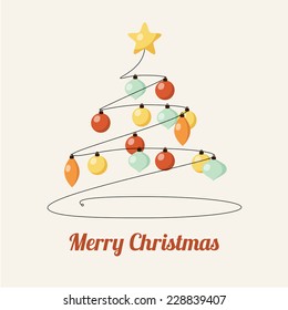 Retro greeting card with decorated christmas tree and balls, vector illustration background