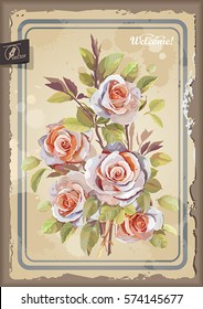 Retro Greeting card with hand drawn pink rose. Vector illustration with watercolor flowers. Bouquet of roses can be used as invitation card for wedding. Floral template for congratulation design, eps8