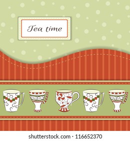 Retro greeting card with hand-drawn cups and text Tea time