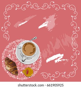 Retro greeting card with ornate frame and composition of wicker basket with bakery and items for breakfast
