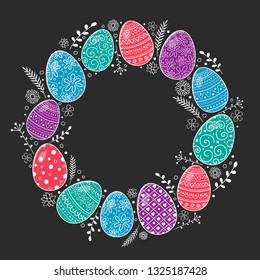 Retro greeting card with painted Easter eggs. Vector