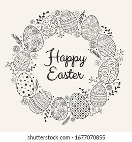 Retro greeting card with painted Easter eggs. Vector